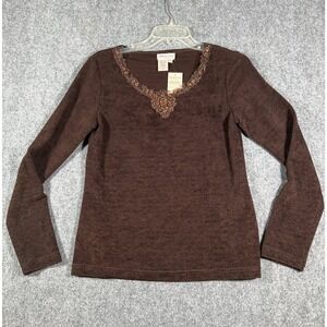 Coldwater Creek Brown Beaded Neck‎ Long Sleeve Top Blouse Size XS